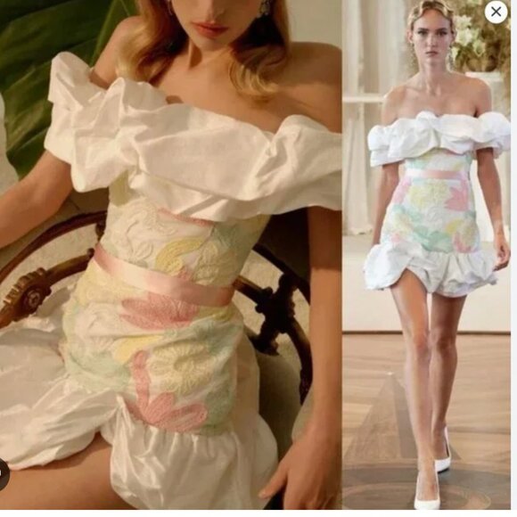 Markarian Dress Mini Ruffled Floral Off the Shoulder Pastel Grace size 2 - Picture 1 of 8